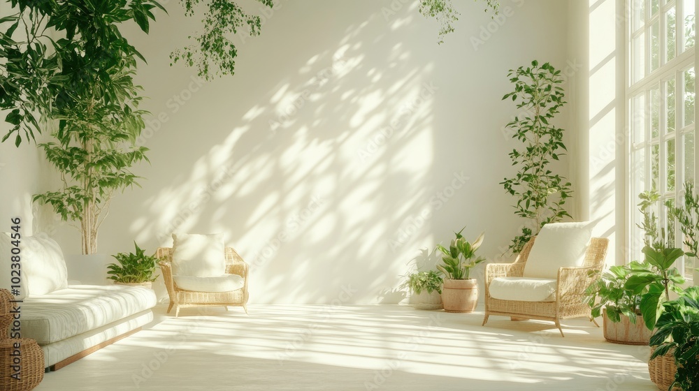 Sunlit Minimalist Living Room with Indoor Plants and Natural Light Sunlit Minimalist Living Room with Indoor Plants and Natural Light