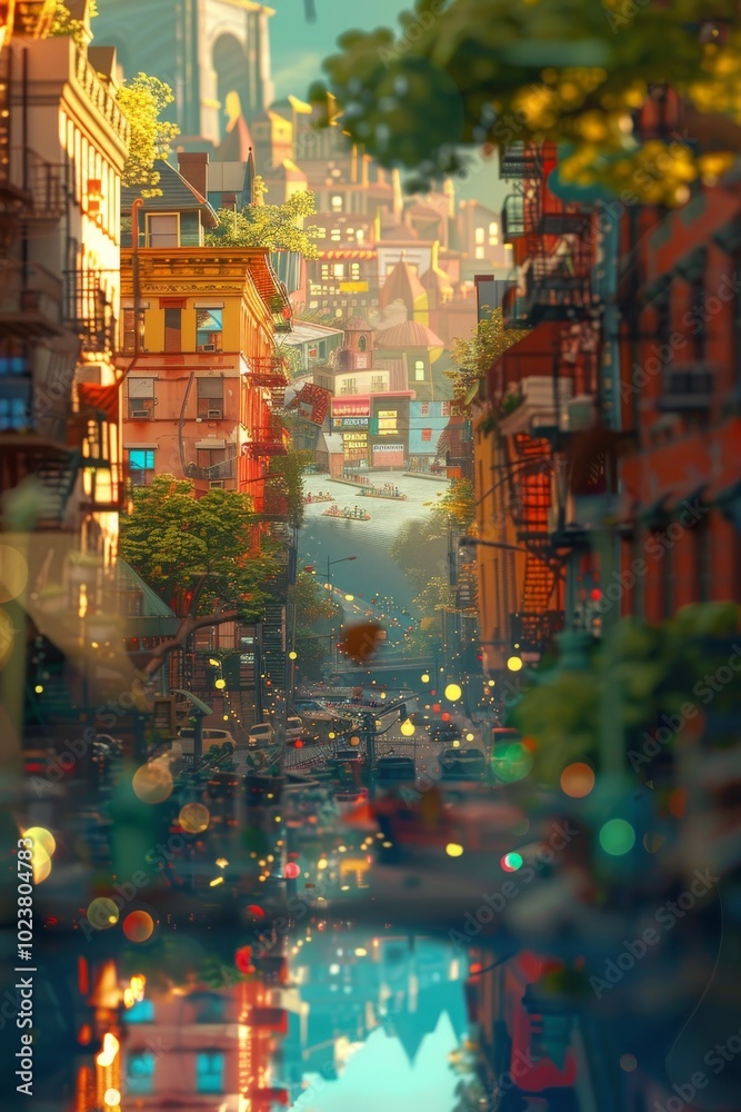 A lively urban street with colorful buildings, lush greenery, and bustling activity, capturing the essence of city life. A lively urban street with colorful buildings, lush greenery, and bustling activity, capturing the essence of city life.