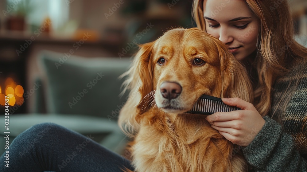 Young Woman Gently Grooming Her Golden Retriever at Home Young Woman Gently Grooming Her Golden Retriever at Home