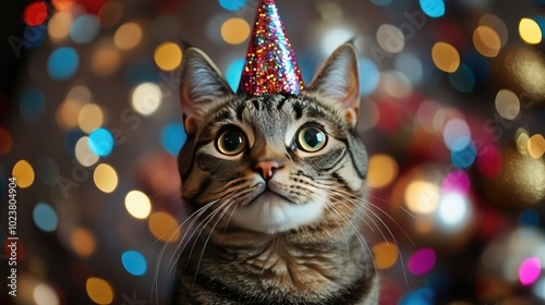 Adorable Cat Wearing a Party Hat with Colorful Bokeh Background