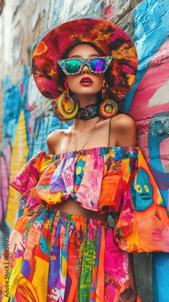 Fototapeta premium Vibrant Fashion: Colorful Street Style with Bold Accessories and Graffiti Backdrop