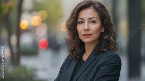 A woman in a black suit is standing in front of a blurry background