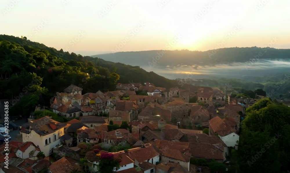 Aerial View of Tropical Mountain Town at Dawn Aerial View of Tropical Mountain Town at Dawn
