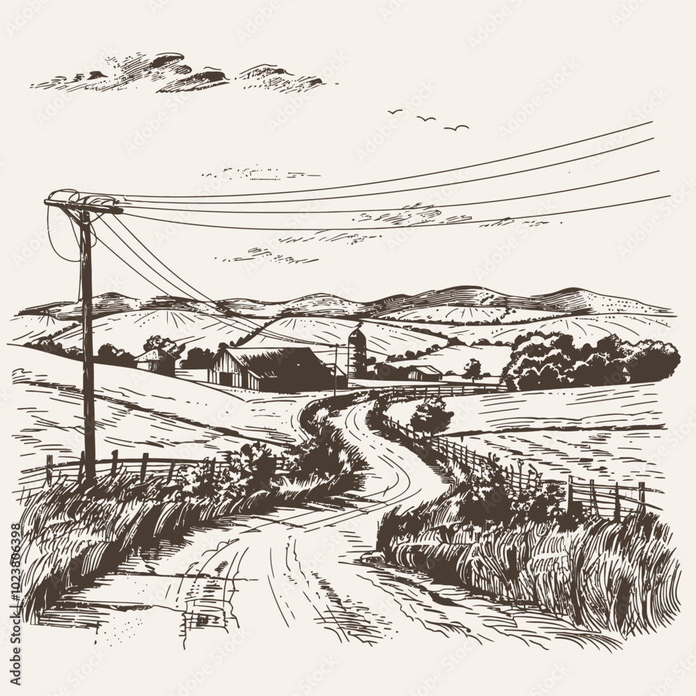 Fototapeta premium Hand-drawn vector illustration of a rural farm scene with two barns, a fence, and a field of wheat.