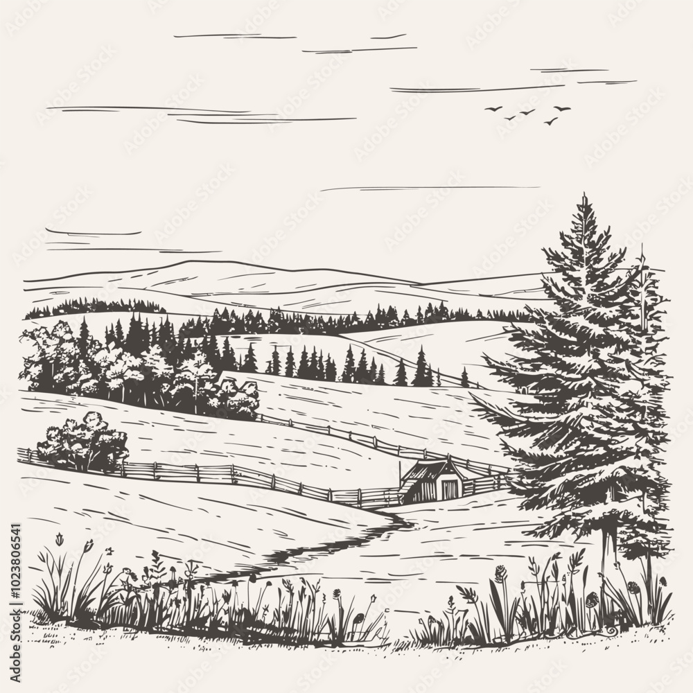 Fototapeta premium Hand-drawn vector illustration of a rural farm scene with two barns, a fence, and a field of wheat.