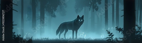 A majestic wolf stands tall in the misty forest photo