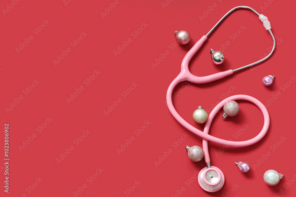 Fototapeta premium Stethoscope with Christmas balls on red background