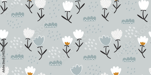 Baby botanical seamless pattern. Primitive flowers white tulips geometric fills. Pastel cute scandinavian background. Print for textile, wallpaper, paper