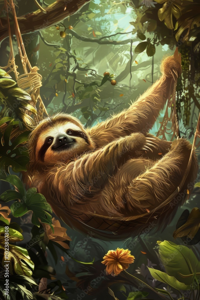 A serene sloth lounging in a hammock amidst a vibrant tropical jungle, with sunlight streaming through the dense foliage. A serene sloth lounging in a hammock amidst a vibrant tropical jungle, with sunlight streaming through the dense foliage.