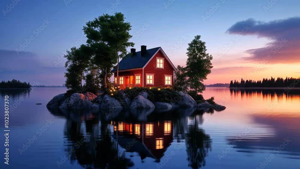 Cozy Red Cabin on a Secluded Island in a Tranquil Lake at Sunset Cozy Red Cabin on a Secluded Island in a Tranquil Lake at Sunset