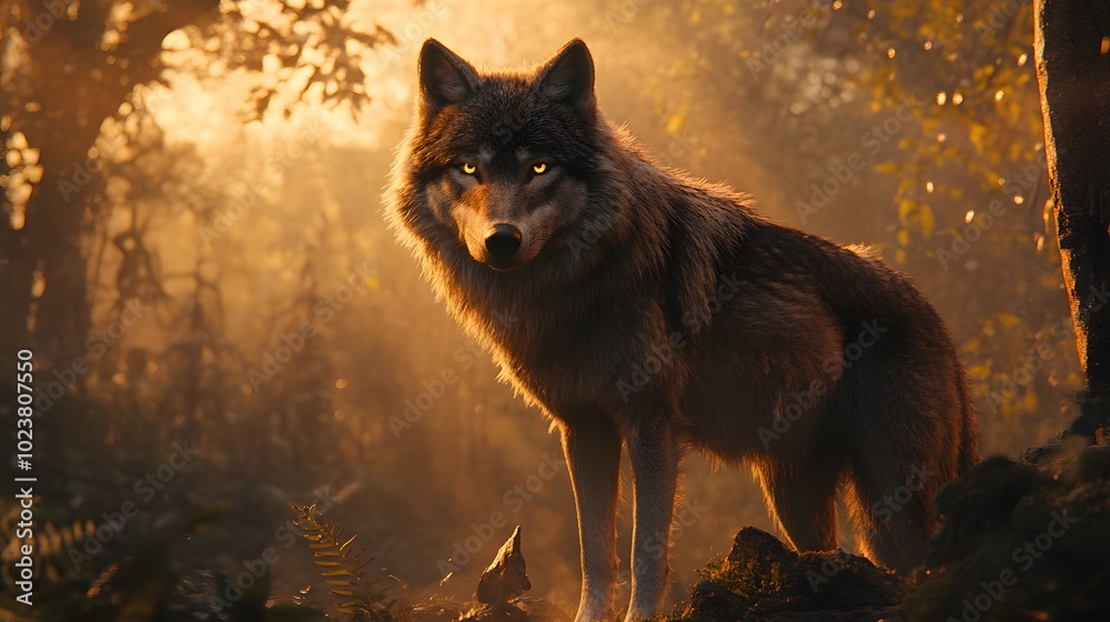 A majestic wolf stands tall in the misty forest A majestic wolf stands tall in the misty forest