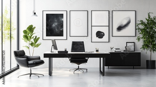 Contemporary home office with sleek furniture, natural lighting, and modern wall art, copy space