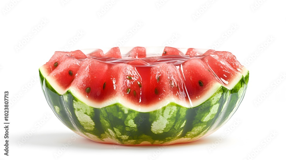 Fresh watermelon slices in a half shell wrapped for preservation Fresh watermelon slices in a half shell wrapped for preservation