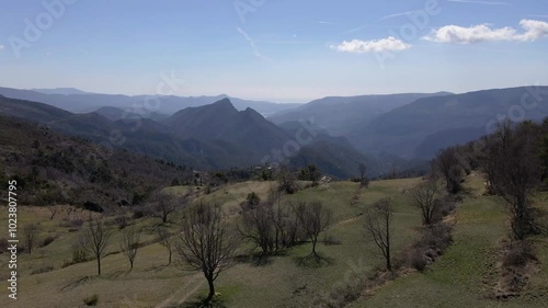 Wallpaper Mural Aerial drone footage over alpine meadows with mountains and sea in the background on a clear fall day in the southern Alps Torontodigital.ca