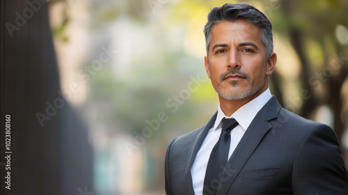 A man in a suit and tie is standing in front of a tree