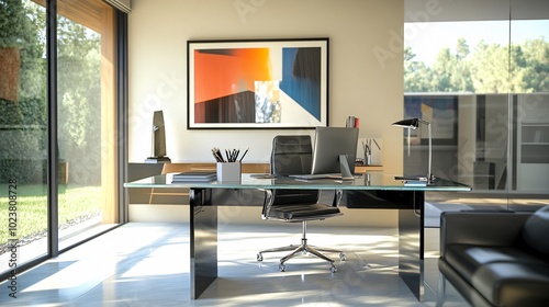 Contemporary home office with sleek furniture, natural lighting, and modern wall art, copy space