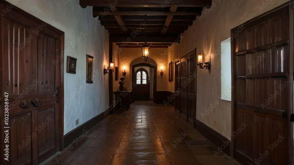 Medieval inn hallway lined with doors Medieval inn hallway lined with doors