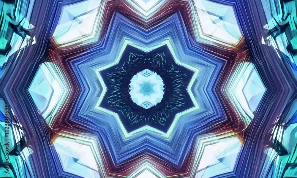 Vibrant blue and pink abstract symmetrical pattern with geometric kaleidoscope effect