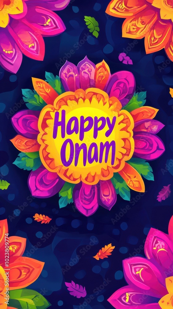 Colorful flowers and festive greetings create a joyful atmosphere for Onam celebrations Colorful flowers and festive greetings create a joyful atmosphere for Onam celebrations