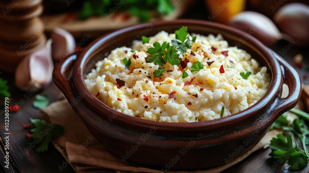 Creamy Risotto in Rustic Bowl with Fresh Herbs Creamy Risotto in Rustic Bowl with Fresh Herbs
