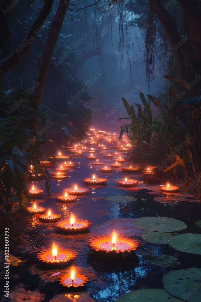 A path of candles is lit in a forest. The candles are lit in a way that they are floating on the water A path of candles is lit in a forest. The candles are lit in a way that they are floating on the water