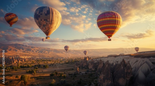 A vibrant sunrise illuminates the sky over Cappadocia, Turkey, as a fleet of hot air balloons drift peacefully across the iconic landscape.