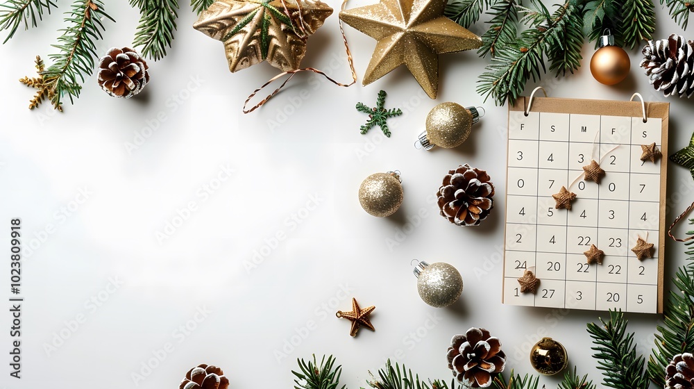 Christmas advent calendar with golden ornaments, pine cones, and festive decor on white background. Flat lay composition with copy space. Christmas celebration concept. Design for banner, greetings Christmas advent calendar with golden ornaments, pine cones, and festive decor on white background. Flat lay composition with copy space. Christmas celebration concept. Design for banner, greetings