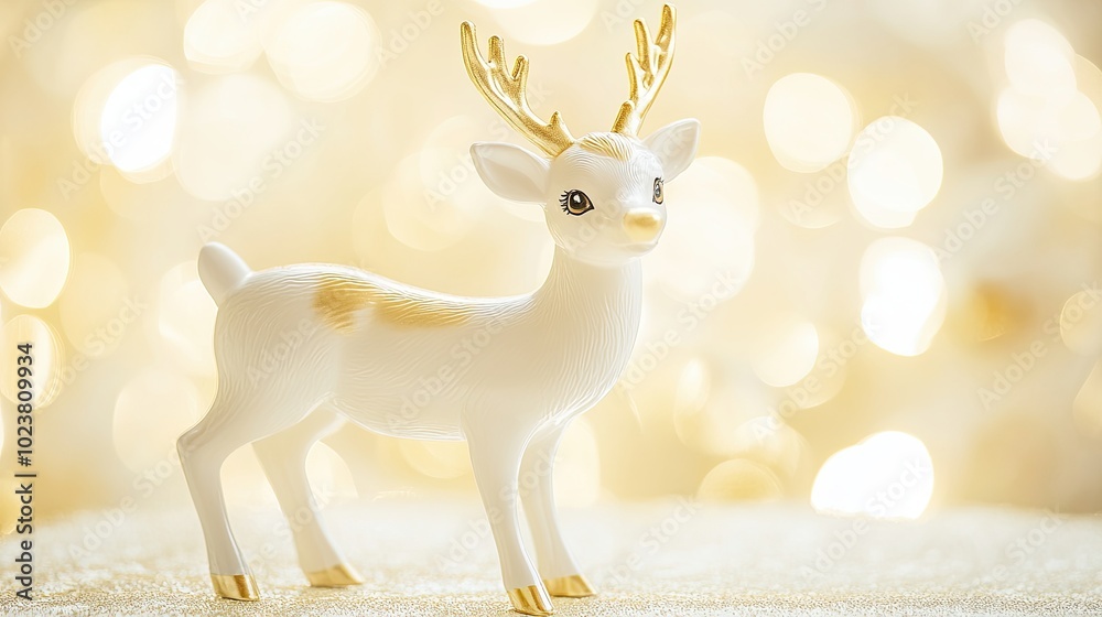 Obraz premium Interior figurine of a reindeer with branching antlers made of porcelain, plastic or glass. Holiday decor. Illustration for cover, postcard, card, interior design, etc.