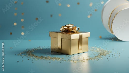 Golden gift box with bow on soft blue background surrounded by small gold confetti.