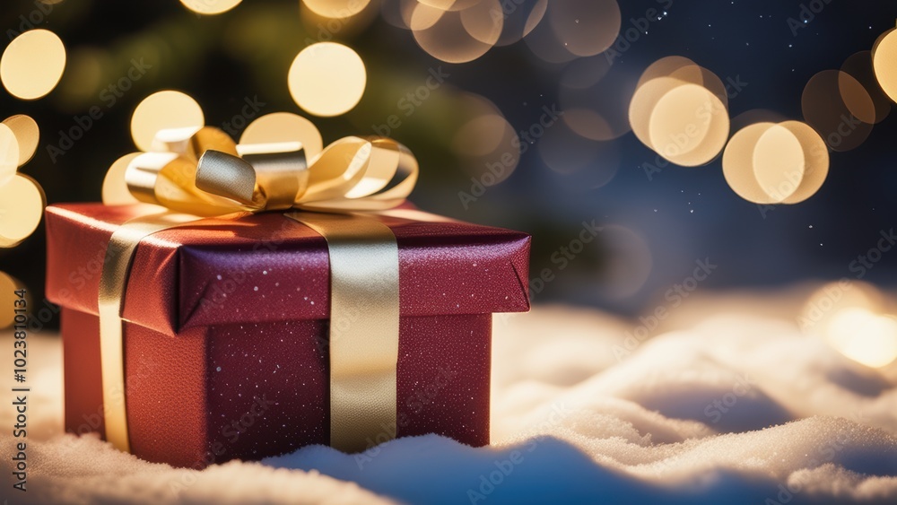 A wrapped present on a snowy outdoor setting with twinkling lights conveying a joyful festive atmosphere. A wrapped present on a snowy outdoor setting with twinkling lights conveying a joyful festive atmosphere.