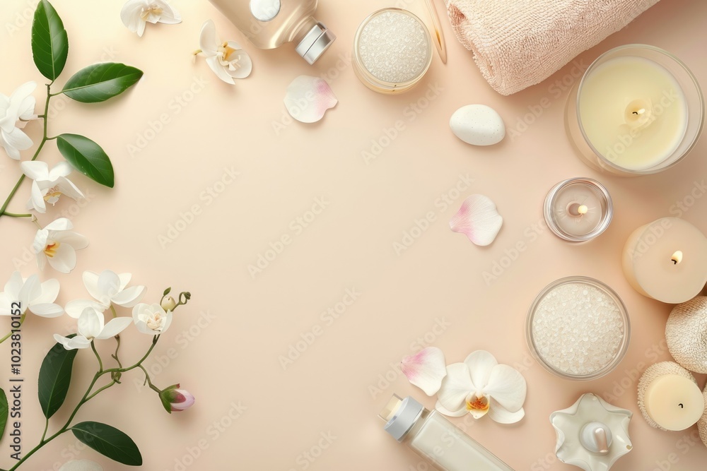 Spa cosmetic products flat lay background view from above Spa cosmetic products flat lay background view from above