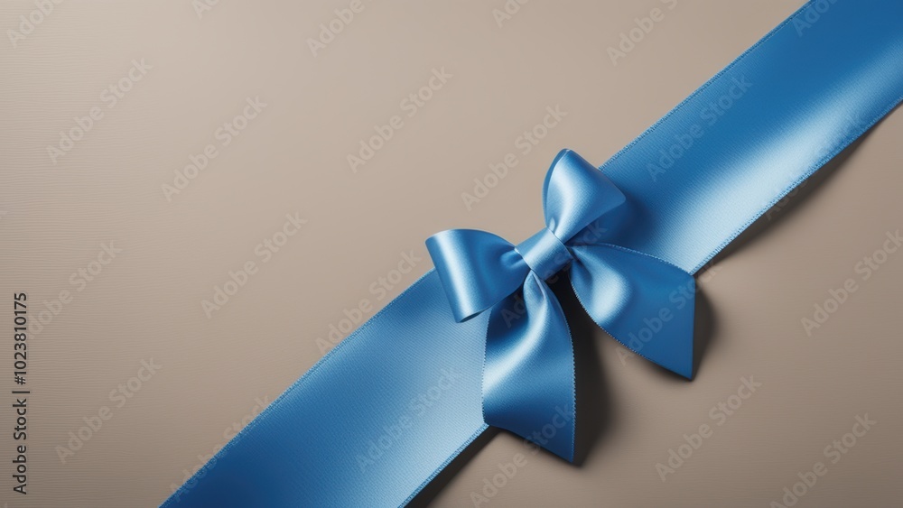 Brown paper wrapped gift with blue satin ribbon tied in a large bow on the right side. Brown paper wrapped gift with blue satin ribbon tied in a large bow on the right side.