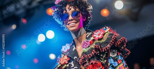 Celebrating Success: A joyful fashion designer beams with pride backstage after a successful fashion show, surrounded by vibrant designs and the buzz of excitement.