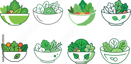 Wholesome bowl of salad with leafy greens and a crisp vector illustration of freshness set
