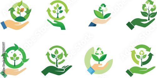 Vector Illustration of a Hand Holding a Leaf for Sustainable Designs set 
 photo