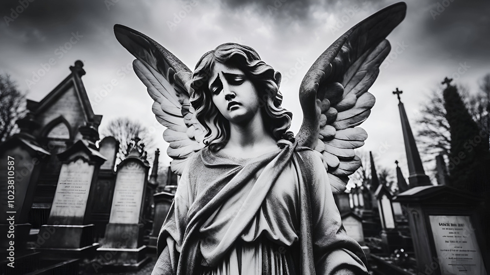 Obraz premium Image with background and place for caption and fragment of tragic sad angel statue at the cemetery. 