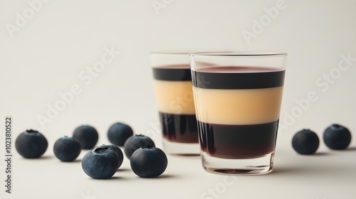 Elegant layered dessert with blueberries in glasses on minimalist background photo