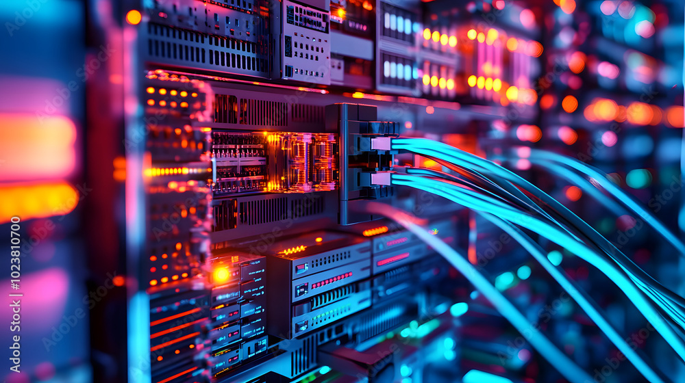 Server rack with fiber optic cables attached to panel switch ports. Electric cables and wires representing fiber optic internet equipment for a data center Server rack with fiber optic cables attached to panel switch ports. Electric cables and wires representing fiber optic internet equipment for a data center