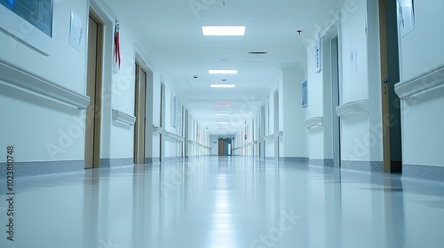 Wallpaper Mural A long narrow empty corridor with closed doors along the walls. Apartments, wards or offices in a stylish modern building. Illustration for a cover, postcard, brochure or advertisement. Torontodigital.ca