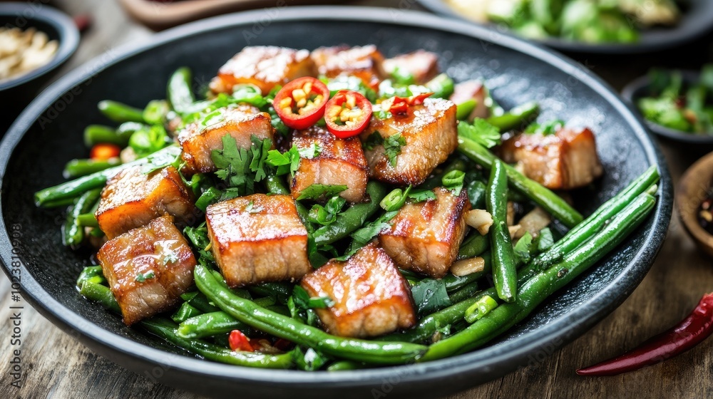 Delicious Pork Belly with Green Beans Dish Delicious Pork Belly with Green Beans Dish