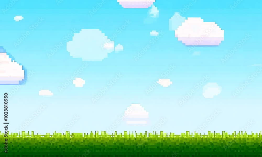 Pixel art video game background featuring a bright sky, clouds, and simple landscape elements in a retro 8 bit style