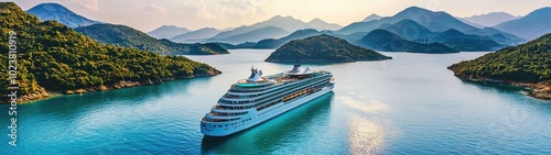 Cruise Ship Sailing Through a Serene Mountain Landscape