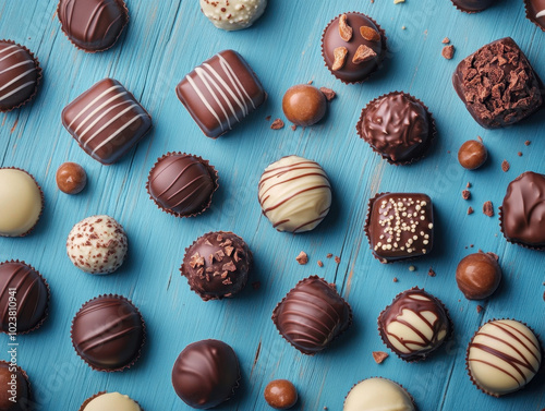 Indulging in a delightful assortment of chocolates on a vibrant blue wooden table surface