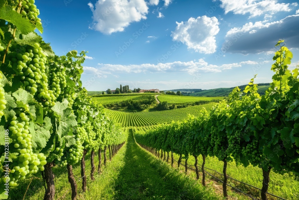 Naklejka premium Lush Vineyard Under Blue Sky with Green Grapes