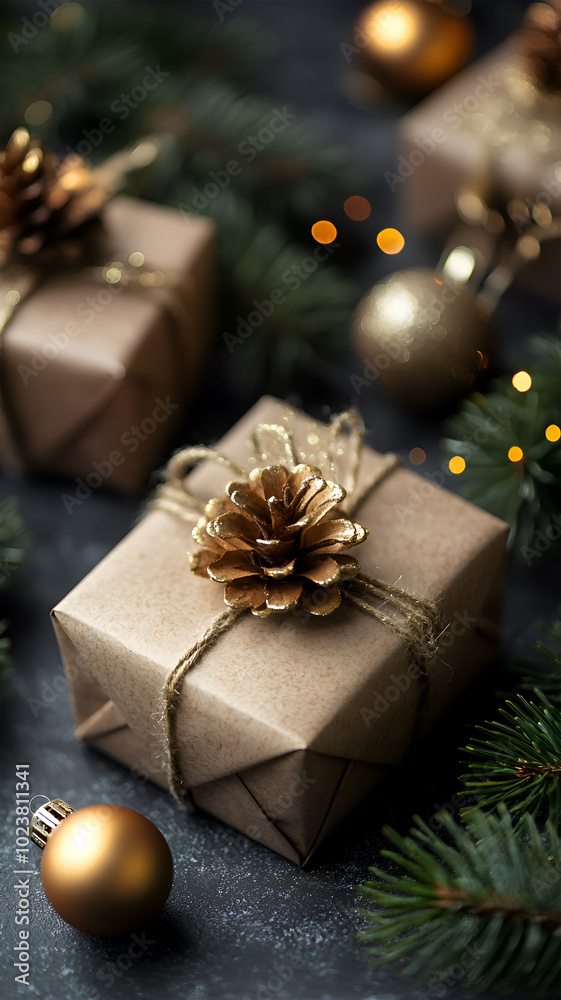 Christmas backgrounds with Christmas gift boxes and Christmas tree branches. 
