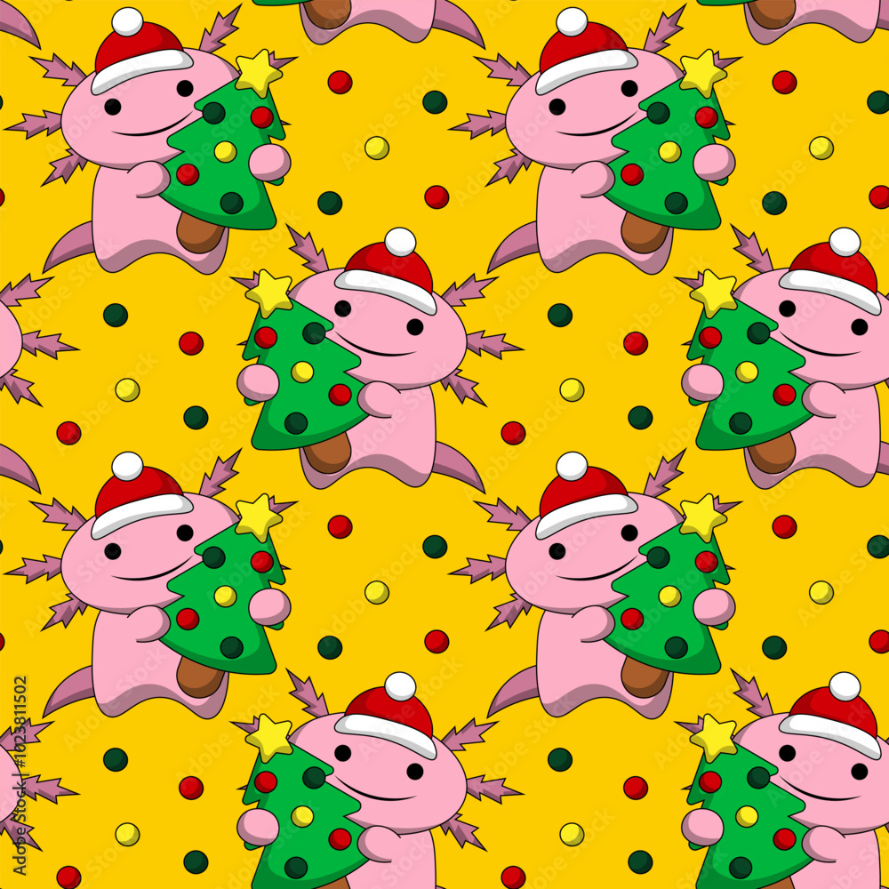 Fototapeta premium Seamless pattern with Cute Christmas Axolotl with Christmas Tree