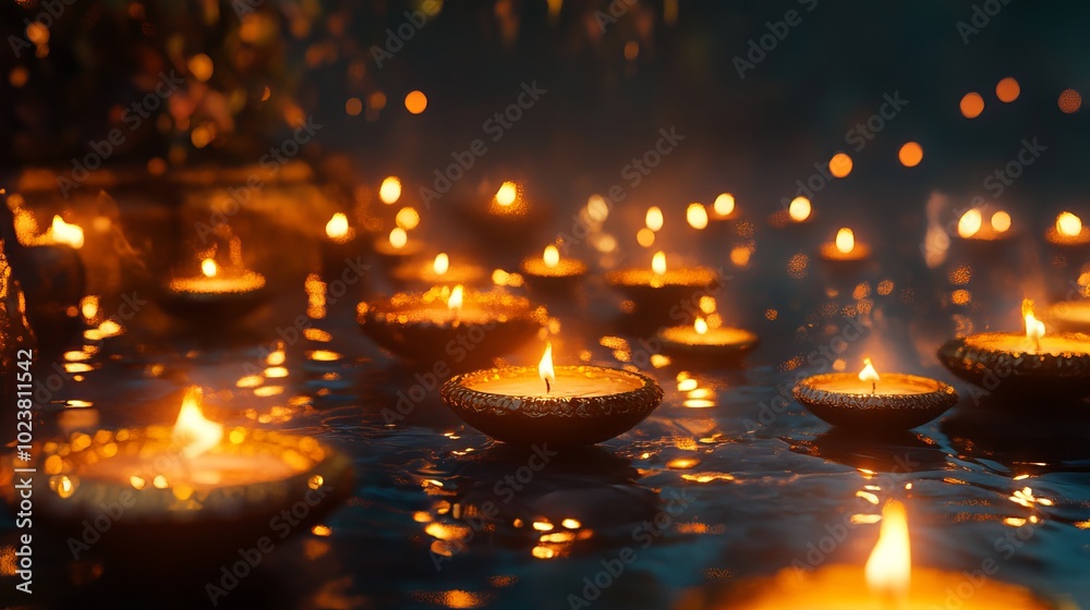 Floating candles and diyas in a surreal, otherworldly Diwali setting. Floating candles and diyas in a surreal, otherworldly Diwali setting.