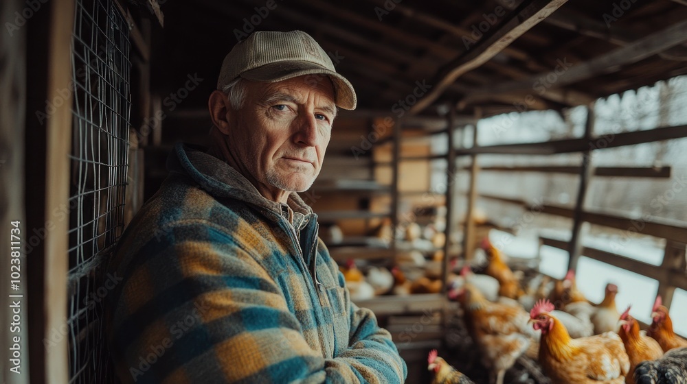 A senior farmer stands inside a chicken coop with a serious expression. A senior farmer stands inside a chicken coop with a serious expression.