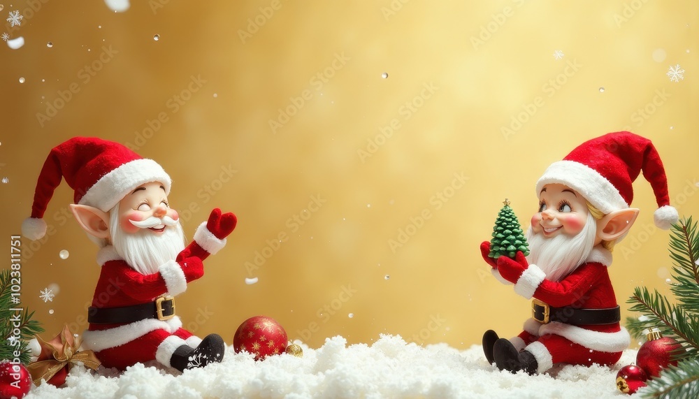 Christmas elves and other stuff on Solid gold color background, Christmas Frame for Greeting Posters, Cards, Banners and Invitations with Copy Free Space. Christmas elves and other stuff on Solid gold color background, Christmas Frame for Greeting Posters, Cards, Banners and Invitations with Copy Free Space.
