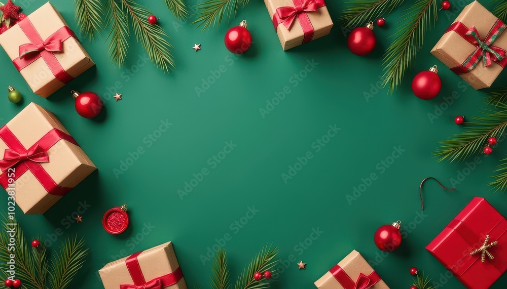 Christmas Christmas presents and other stuff on Solid green color background, Christmas Frame for Greeting Posters, Cards, Banners and Invitations with Copy Free Space.